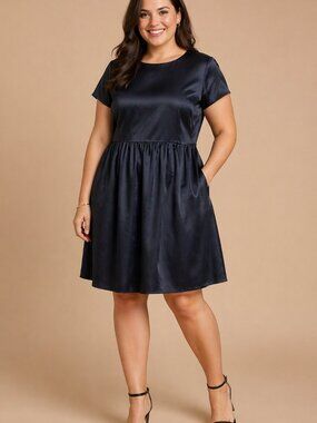 Brooks Brothers - short sleeve navy blue satin dress - NWOT - Size 14